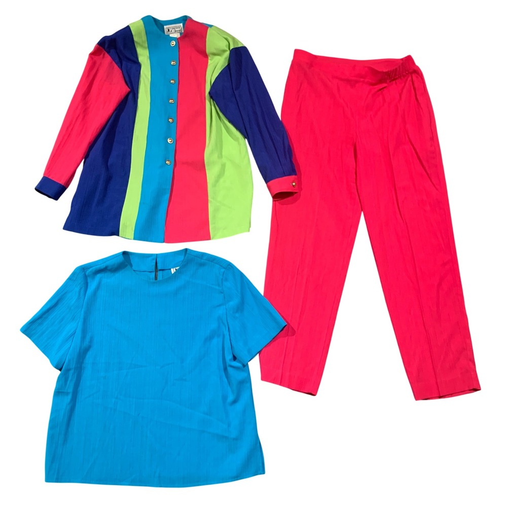 JG Petite by Joyce 3pc‎ Suit Set Womens 6 8 Pink Blue Green 80s VTG Colorblock